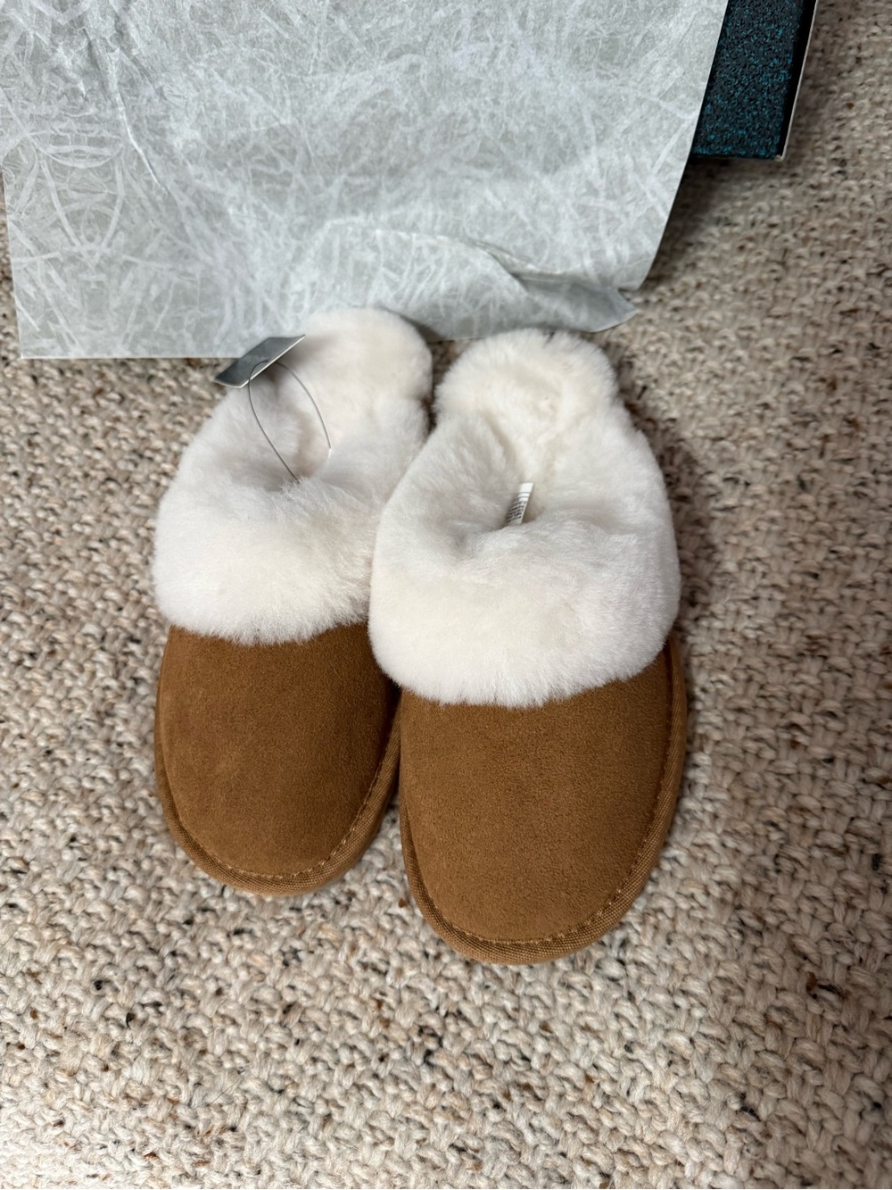 EMU Australia Chestnut Suede Slippers with Cream Shearling Collar